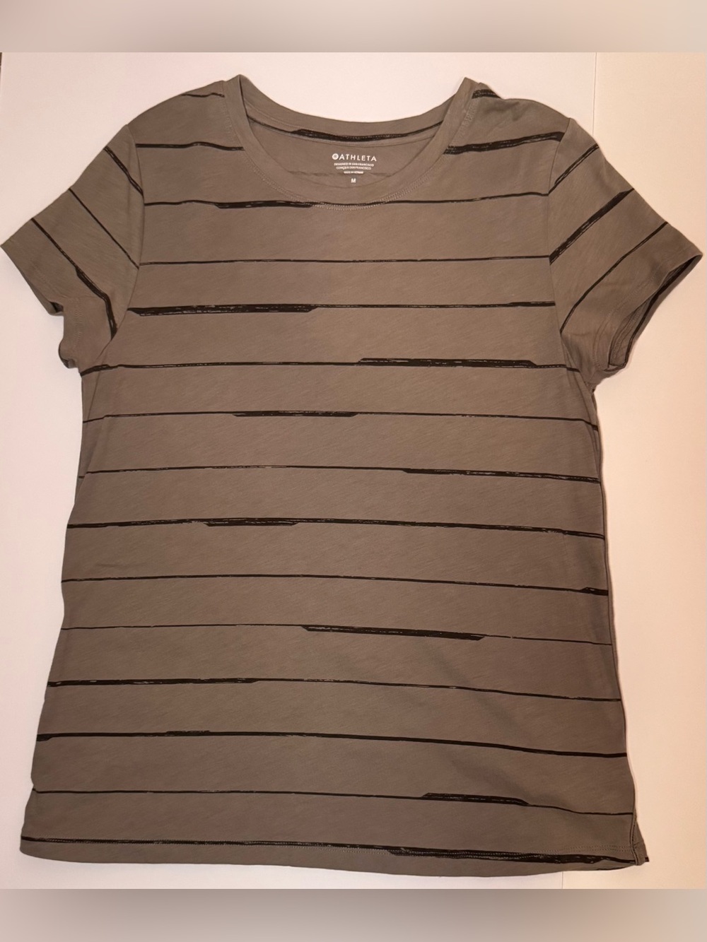 Athleta Olive Green Striped Short Sleeve Tee